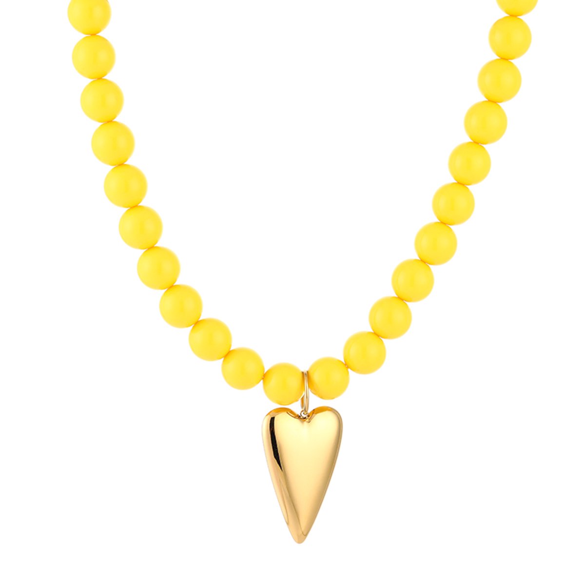 Vrolijke Dames Kralenketting - Matte Kralen met Glanzend Langwerpig Hart Bedel - Geel