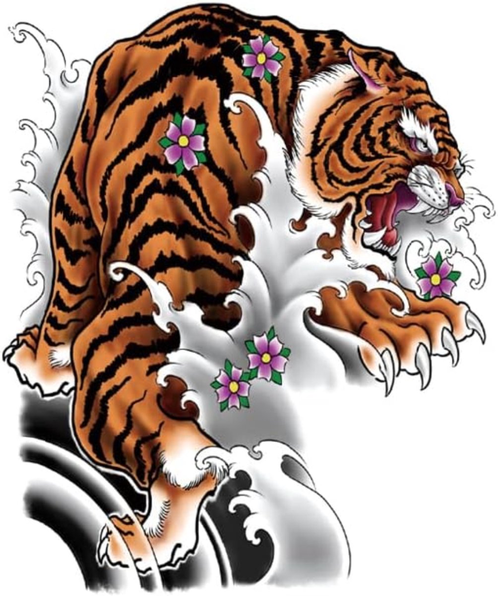 Temporary Tattoo Tijger Aziatische Tiger (A5 formaat) [Neptattoo - Tijdelijke tatoeage - Nep Fake Tattoos - Water overdraagbare festival sticker henna outfit tattoo - Glitter tattoo - Volwassenen Kinderen Jongen Meisje]