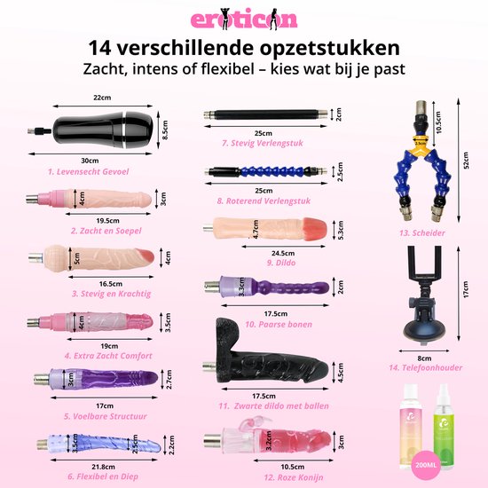 Set van 14 accessoires: verschillende dildo's, verlengstukken en houders in diverse kleuren en maten.