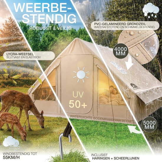 Beige ELONEO glampingtent in de regen, met details van waterdichte bodemrand en PVC-gelamineerd grondzeil.