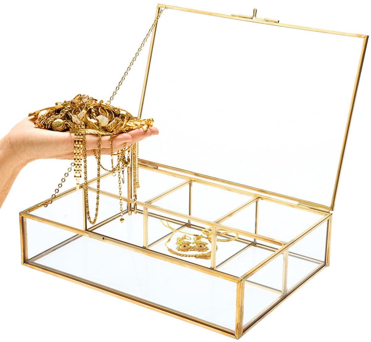 SnelShoppen - Sieradenkist van glas met 4 vakken - Gouden Displaybox voor Sieradenopslag - Helder Glas en Messinglade - Decoratief en Praktisch voor T