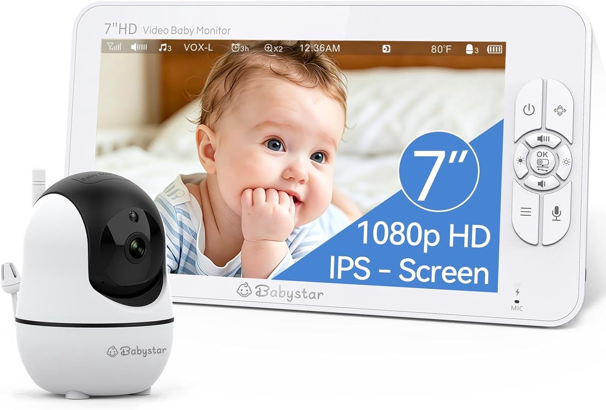 SnelShoppen - Babystar Babyfoon met Camera 7 inch, 1080p HD-video, Infrarood Nachtzicht, Tweeweg-Audio, VOX-Modus, 4000 mAh Accu, Temperatuurweergave,