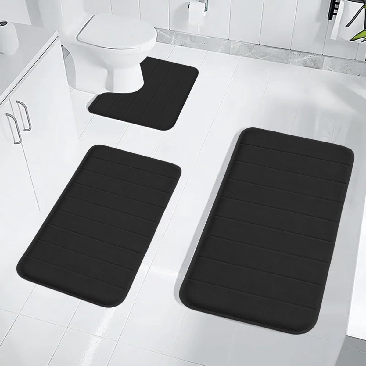 SnelShoppen - Badkamertapijten 3-delig, Wasbaar, Antislip, Zacht Koraalfleece, Sneldrogend, Badmatten, WC-mat, Zwart - Perfect voor Badkamer en Toilet