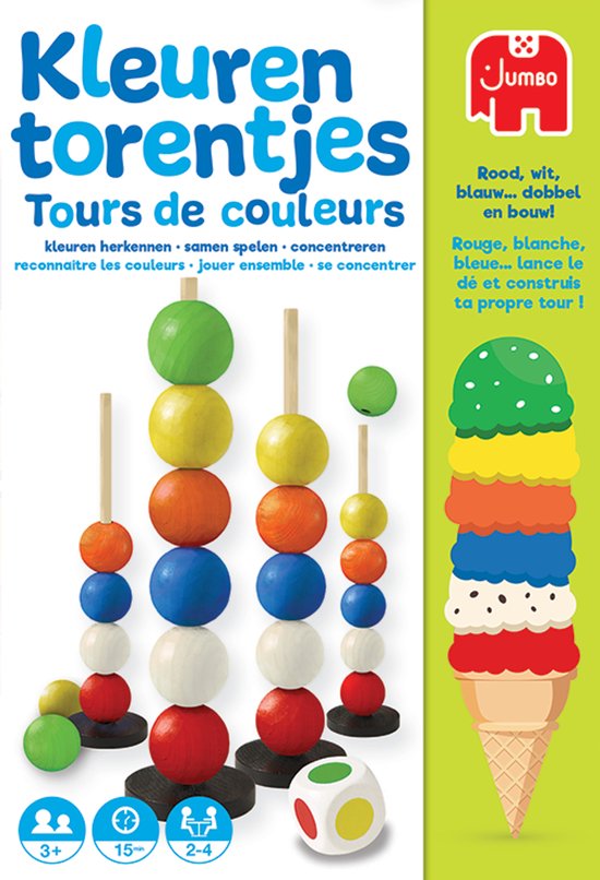 Het spel Kleurentorentjes van Jumbo. Rode, witte, blauwe ballen op stokken, ijsje met groene, gele, oranje, blauwe, witte en rode bolletjes.
