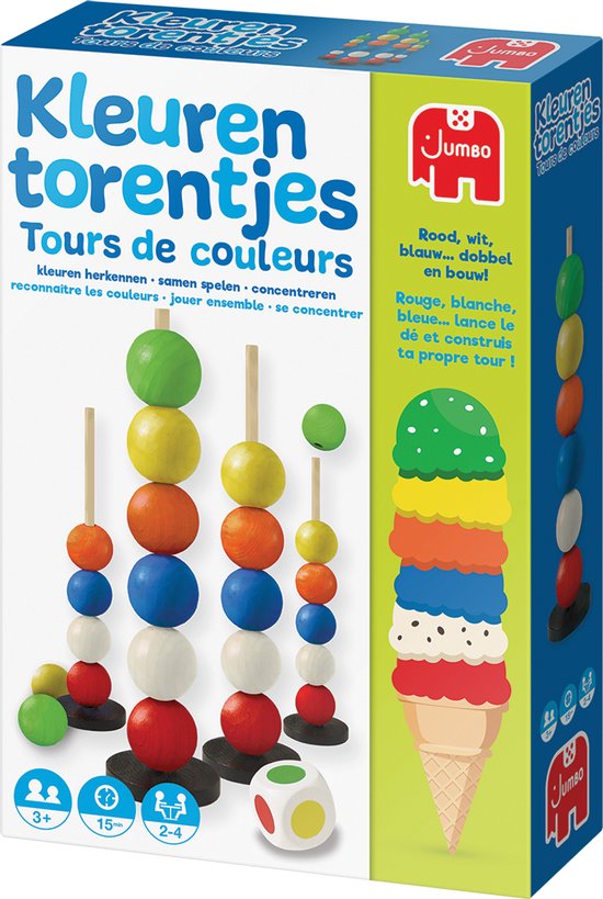 Doos met het spel Kleurentorentjes van Jumbo. Rode, witte, blauwe ballen op stokken, ijsje met groene, gele, oranje, blauwe, witte en rode bolletjes.