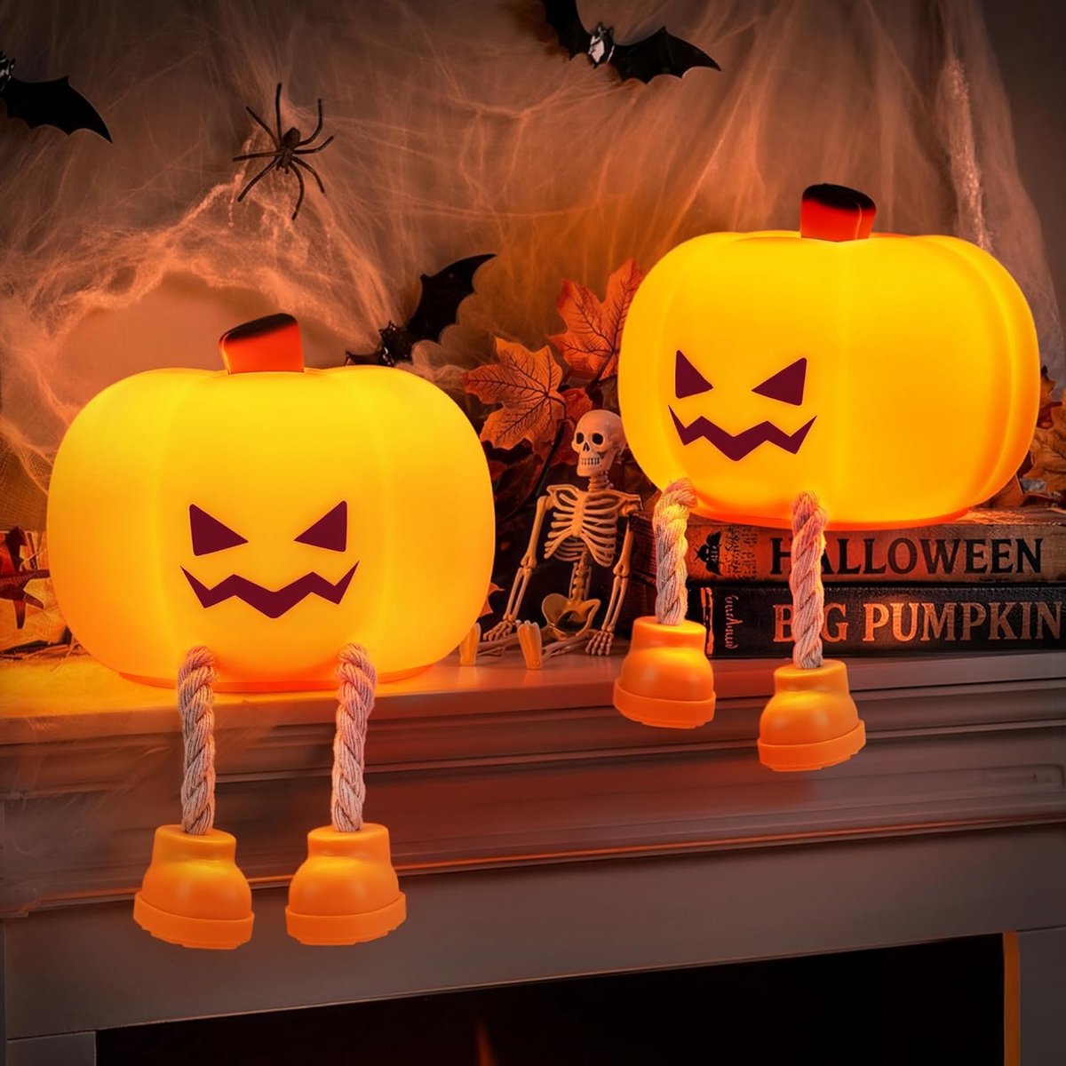 2 Stuks Halloween Nachtlampje - Siliconen Kraanbediening Bedlampje - Pompoen-Nachtlampje - Lachende Pompoen - 3 Versnelling Helderheidsinstelling - Halloween-Decoraties - Dimbaar Via Aanraking - Oplaadbaar - Halloween Slaapkamer Decoraties