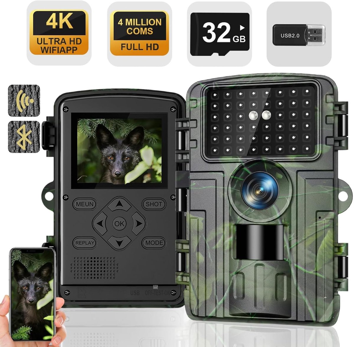 SnelShoppen - Lutranstra Wildcamera 4K Video, 60MP Full HD WLAN, Bewegingssensor, Nachtzicht, 0,1s Reactietijd, Infrarood Wildcamera met 32GB Geheugen