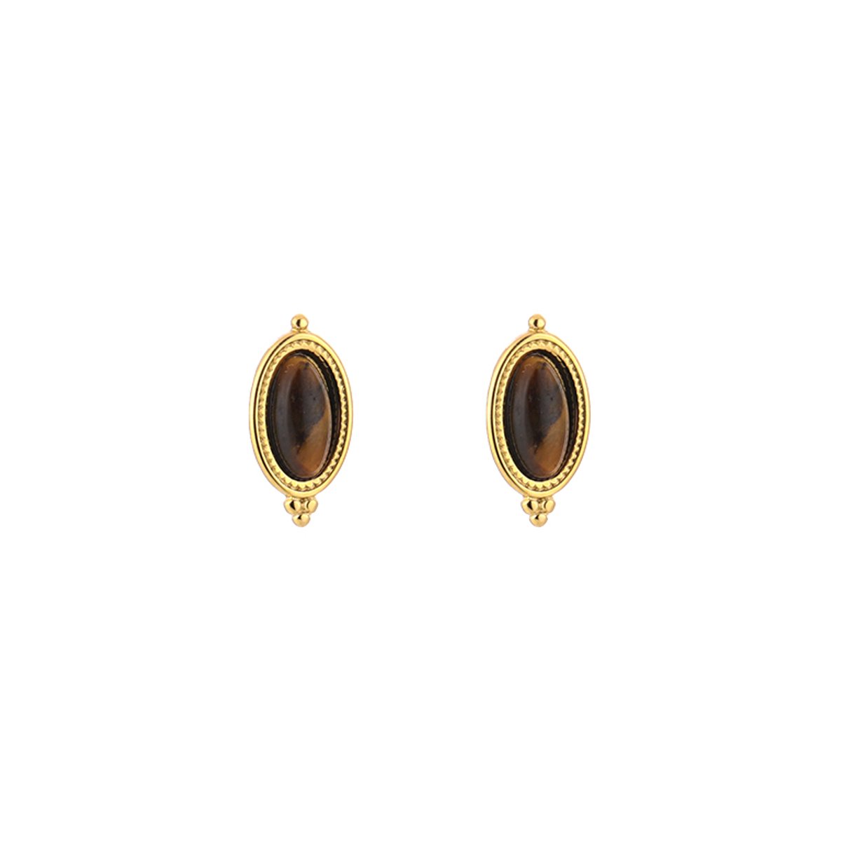 Stainless Steel Boho Oval Natural Stone Studs – Luxe Boho Natuursteen Oorknopjes – RVS - Tiger Eye