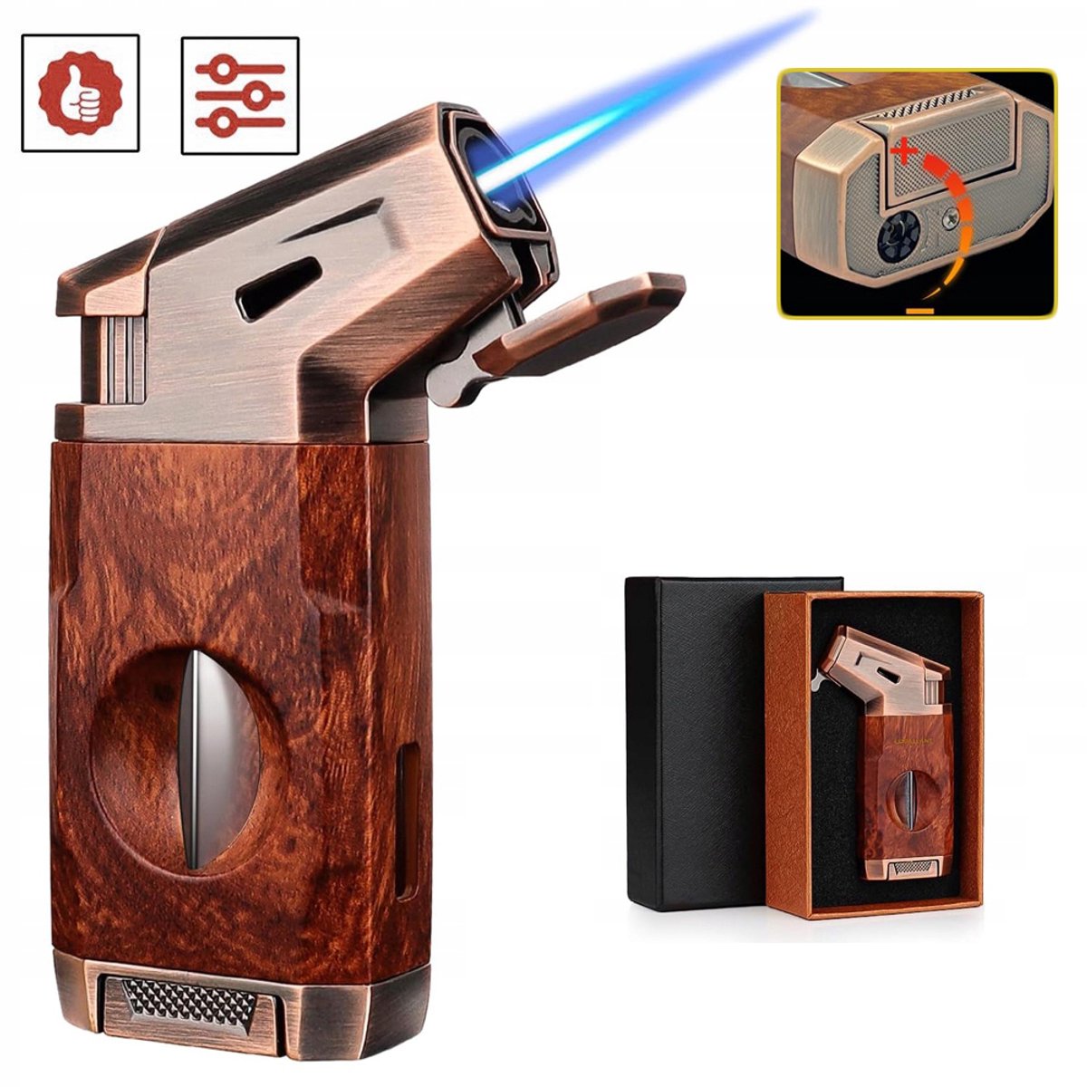 Jet Flame Aansteker Met V-Vormige Snijder En Stofkap - Navulbaar Butaan Transparante Tank Warmteafvoer - Houtnerfafwerking Ideaal Voor Buiten En Als Cadeau