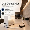 Applique murale blanche Luminize en charge via USB. La lumière bleue indique que la lampe est en charge, la lumière grise indique que la batterie est pleine.