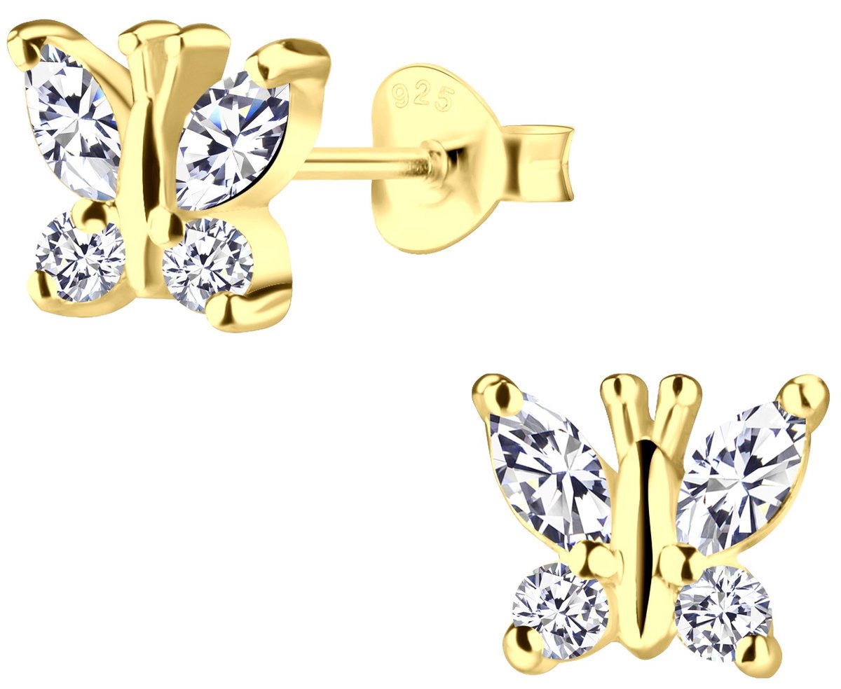 Joy|S - Zilveren vlinder oorbellen - 6 x 7 mm - massief - marquise zirkonia - sterling zilver 925 - goldplated - vlinders oorknoppen