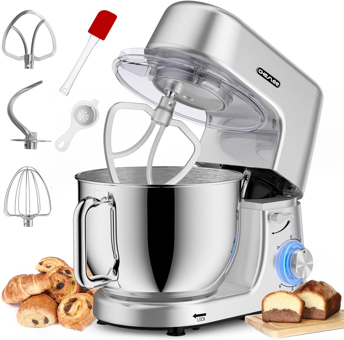 SnelShoppen - Homlee Keukenmachine 2000W Kneedmachine 5,5L Deegmachine met 6-traps Snelheid, Mixen, Kloppen, Bakken, Keukenaccessoires