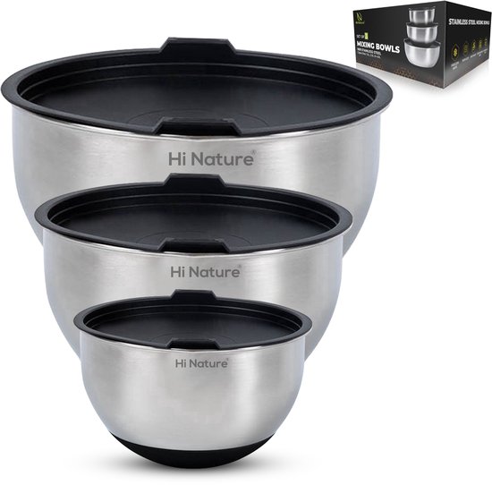 HI NATURE™ RVS Mengkommen set 3 met Luchtdichte Deksel - Rustvrije Staal Kommen set | Patisseriekommen - Mixkom - Beslagkommen - Mengschalen - Bakspullen - Slakom - Saladekom | Beslagkom set - AntiSlip Bodem - Vriezer & Vaatwasserbestendig