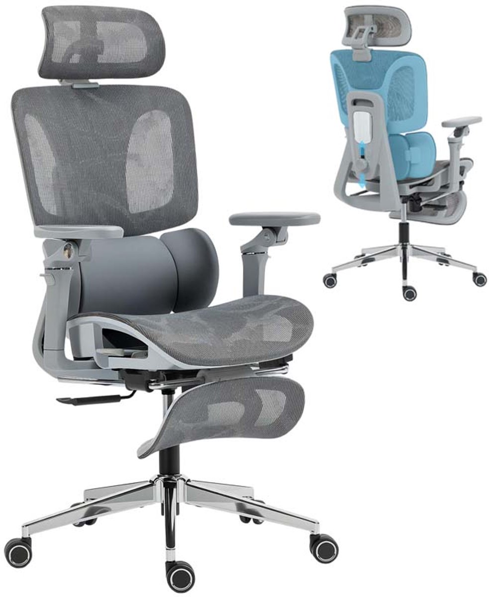 TEKROA® Ergonomische Bureaustoel - Mesh Kantoorstoel met 6D Armleuningen & Voetensteun - Zitdiepte Aanpasbaar - Verstelbaar - Grijs
