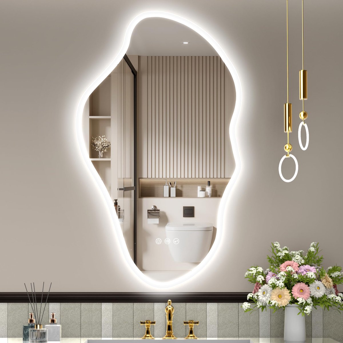 SnelShoppen - Asymmetrische Badkamerspiegel met Verlichting 100x60 cm - Dimbare LED Spiegel met Bluetooth, 3 Lichtkleuren, Anti-condens, Gehard Glas,