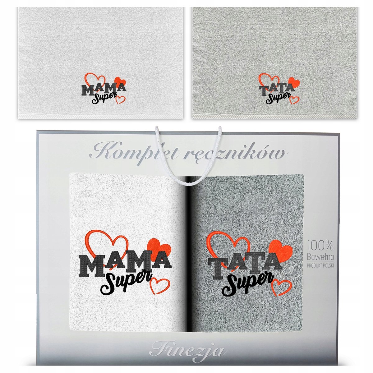 KONEY - Handdoekenset 2-delig - 2 x 70 x 140 cm - Grijs, Wit - met borduring Mama & Papa - in geschenkdoos