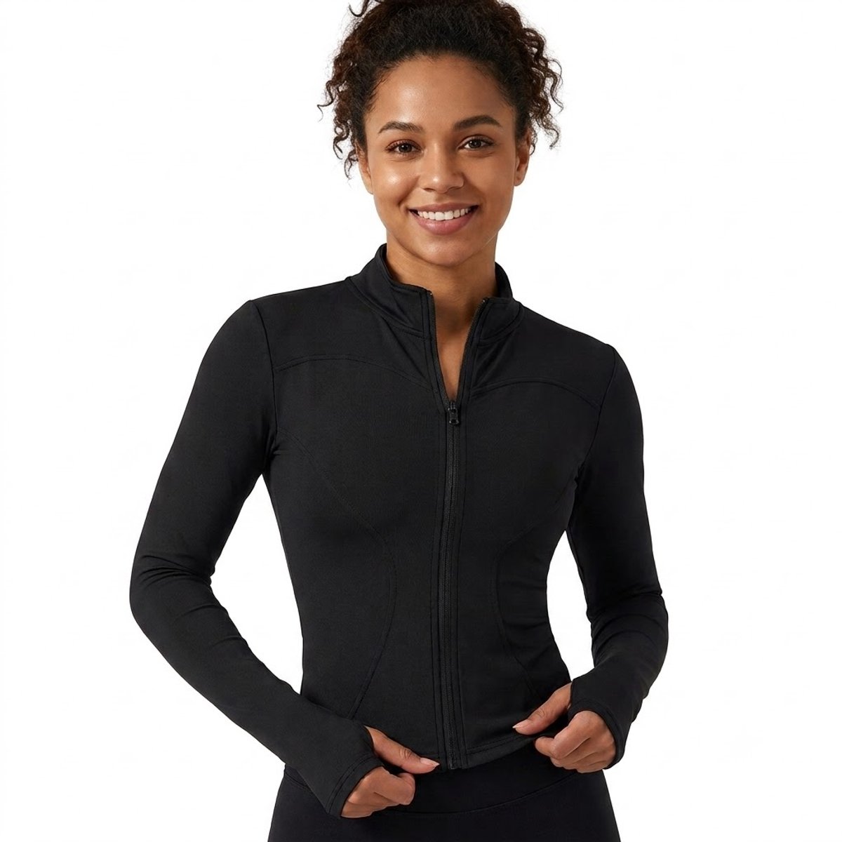 Zwarte sport jas dames slim fit volledige rits fitness jas yoga jas pilates trui hardloop jas met duim gaten hoge kraag aansluitend model lange mouwen euro maat M