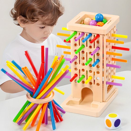 Montessori Speelgoed voor Kinderen 3-6 Jaar – Houten Bordspel met 36 Gekleurde Stokjes, Dobbelsteen & Houten Opbergdoos – Ontwikkelt Fijne Motoriek en Hand-Oogcoördinatie — afbeelding 3