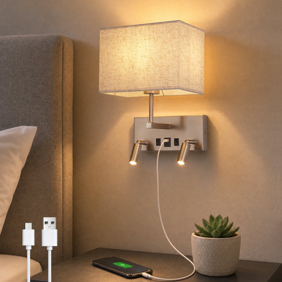 NETTLIFE Wandlamp met Schakelaar - Moderne E27 Stoffen Kap | USB-A & USB-C Oplaadfunctie | Met 2x 360° Draaibare LED Leeslampen | Ideaal voor Slaapkamer Hotel & Kantoor - Zonder Lampen