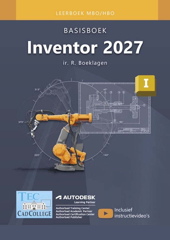 Manuel de base Inventor 2027 avec un bras robotique et un dessin technique au premier plan.