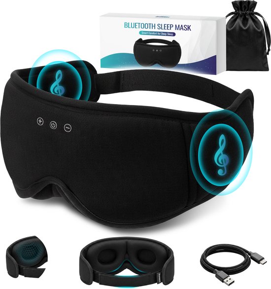 Zwart Bluetooth slaapmasker met verpakkingsdoos en opbergzakje.