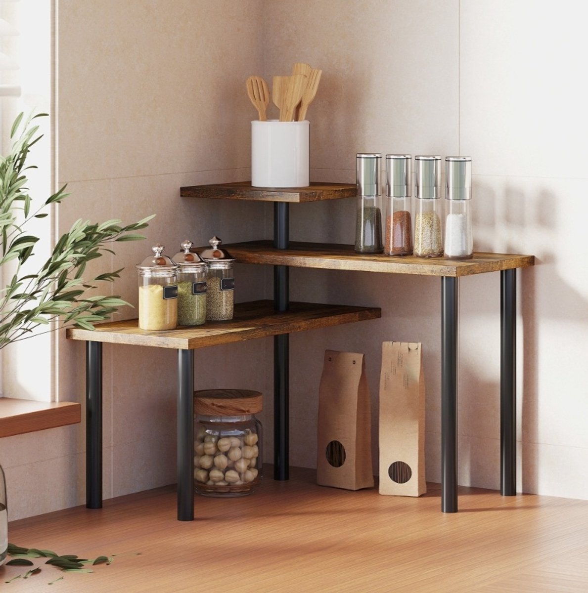 Keukenrek – Draaibaar – 40 x 18 x 36,5 cm – Hout En Metaal – Rustiek Bruin – Voor Keukenhoek En Opbergruimte – Drie Niveaus