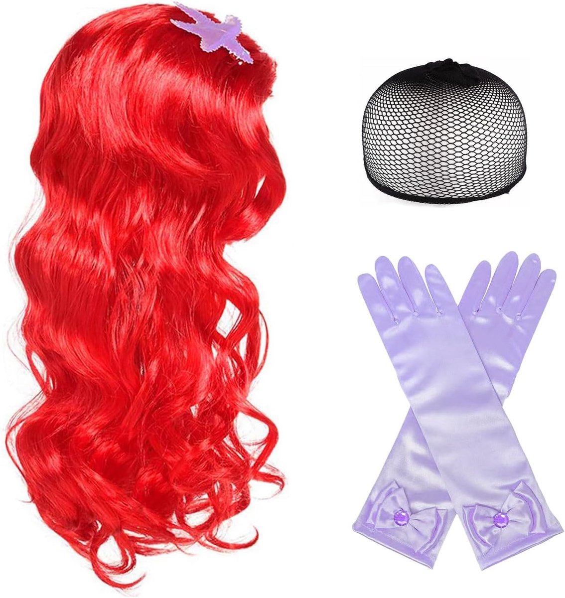 Mermaid Kostuum met Wimpers en Handschoenen, Lange Krullende Rood Cosplay Peruk voor Halloween en Verkleedpartijen voor Kinderen en Volwassenen