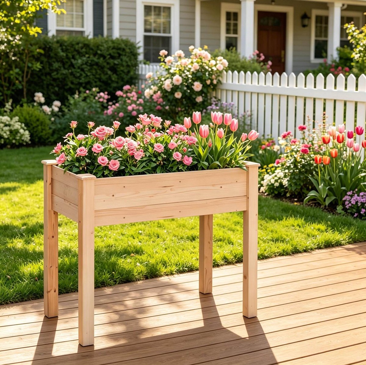 Verhoogde Plantenbak – Ruim Formaat Met Poten – 86 x 46 x 76 cm – Tannenhout Met Vliesstof – Naturel Hout – Buiten Tuin En Terras