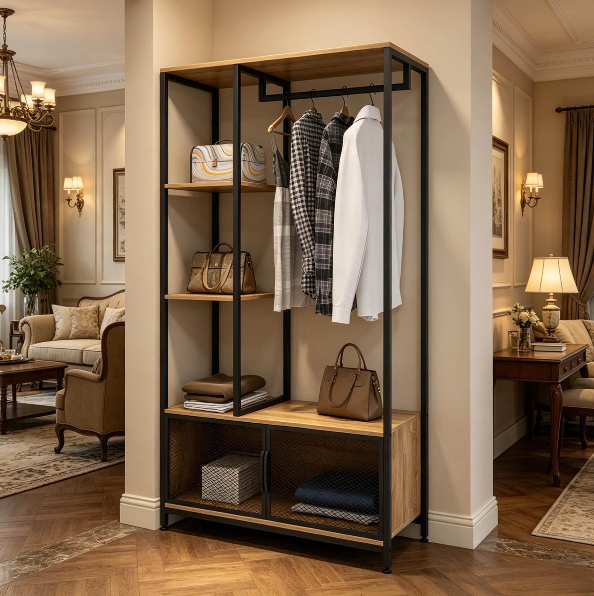 Kledingrek Open Met Hangstang En Legplanken 90 X 40 X 167 Cm MDF Metaal Zwart Licht Eiken Voor Slaapkamer Hal En Woonkamer