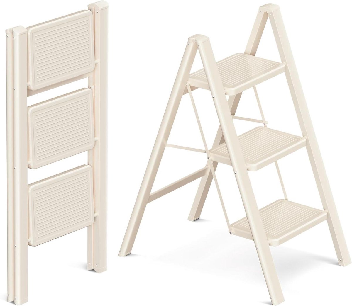 Opvouwbare Ladder - Trapje Keuken - Klusjes Binnenshuis - Brede Antislippedalen - 3 Treden - Crèmewit