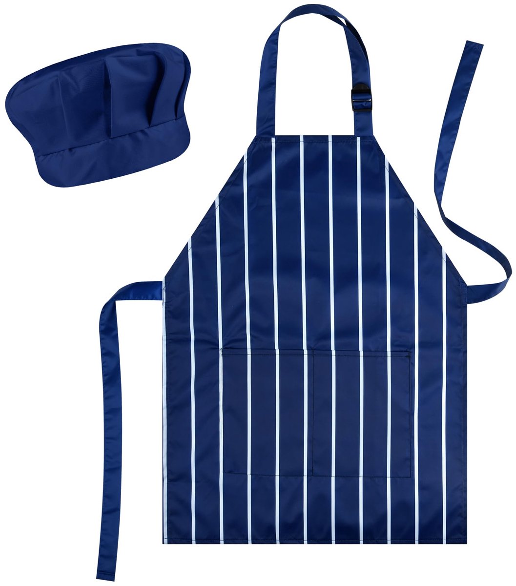 Kinderschort en chef-koksmuts set - verstelbaar - donkerblauw met strepen - ideaal voor koken en bakken - ShopVlot