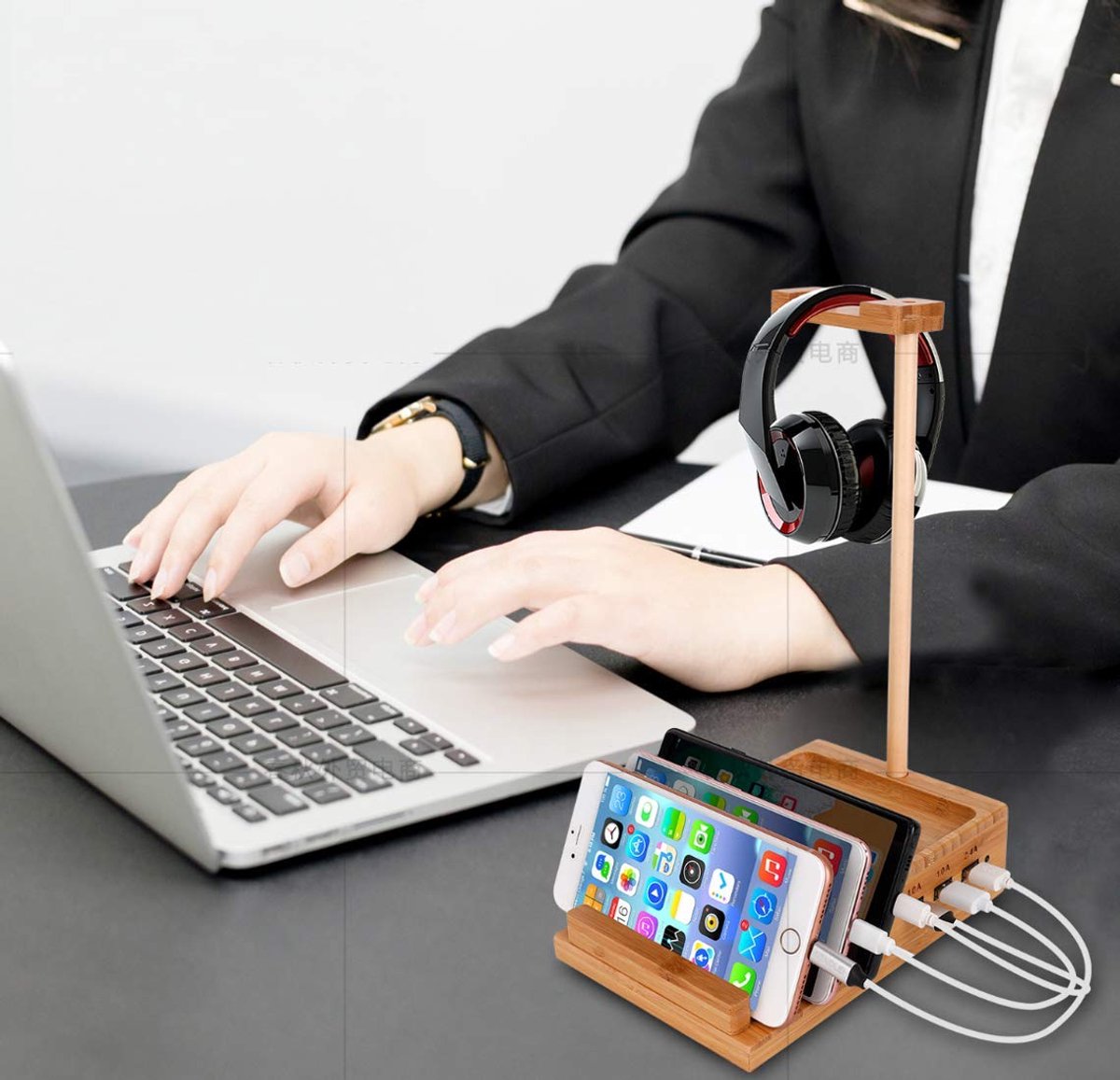 Koptelefoonstandaard met kabelhouder - Houten design - Afneembaar en USB-hub - Ideaal voor meerdere apparaten - ShopVlot