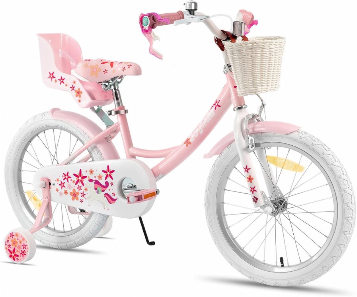 Allvia® Kinderfiets 18 Inch - Kinderfiets 16 Inch - Fiets - voor Meisjes van 2 tot 7 jaar - met Poppenzitje, Steunwielen en Mandje - Roze - 98cm x 49cm x 20cm