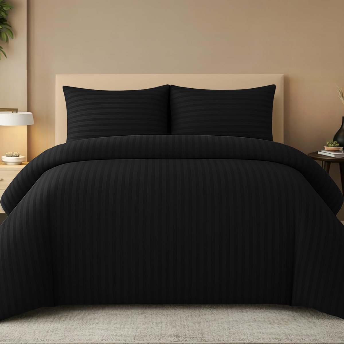 Pamposh Beddengoed met satijnen strepen in reliëf, 200 x 220 cm, 3-delige microvezel dekbedovertrekset met 2 - ShopVlot