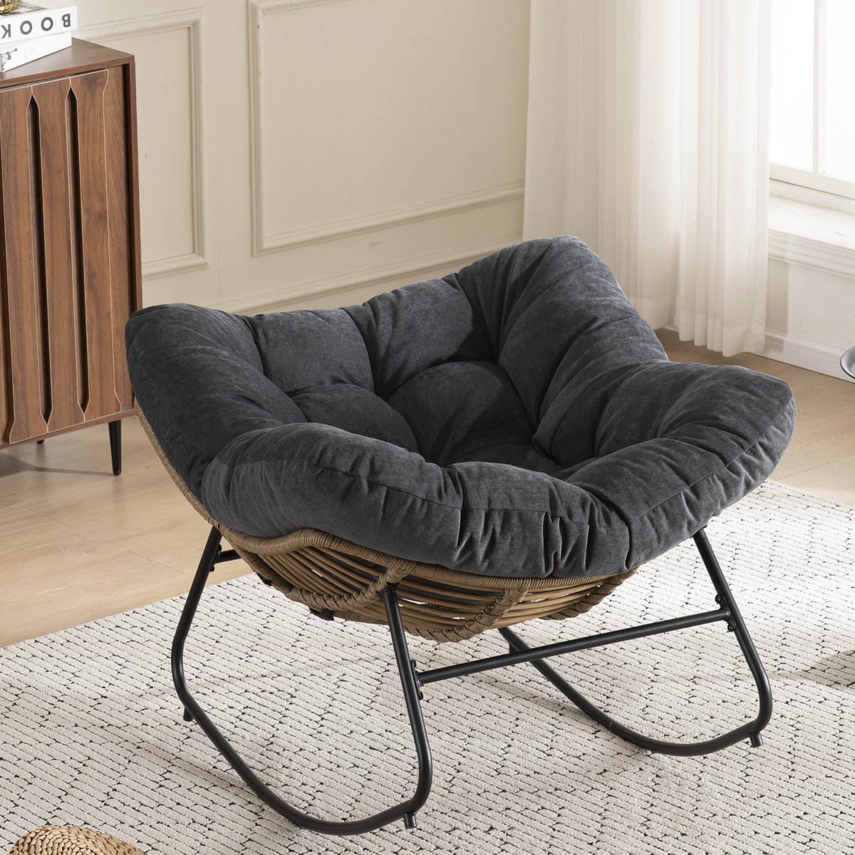 Wishdor Schommelstoel - Chenille - Metalen frame - Gevlochten design - Zwart - Met armleuningen - Gestoffeerde zitting - 77 x 98 x 102 cm