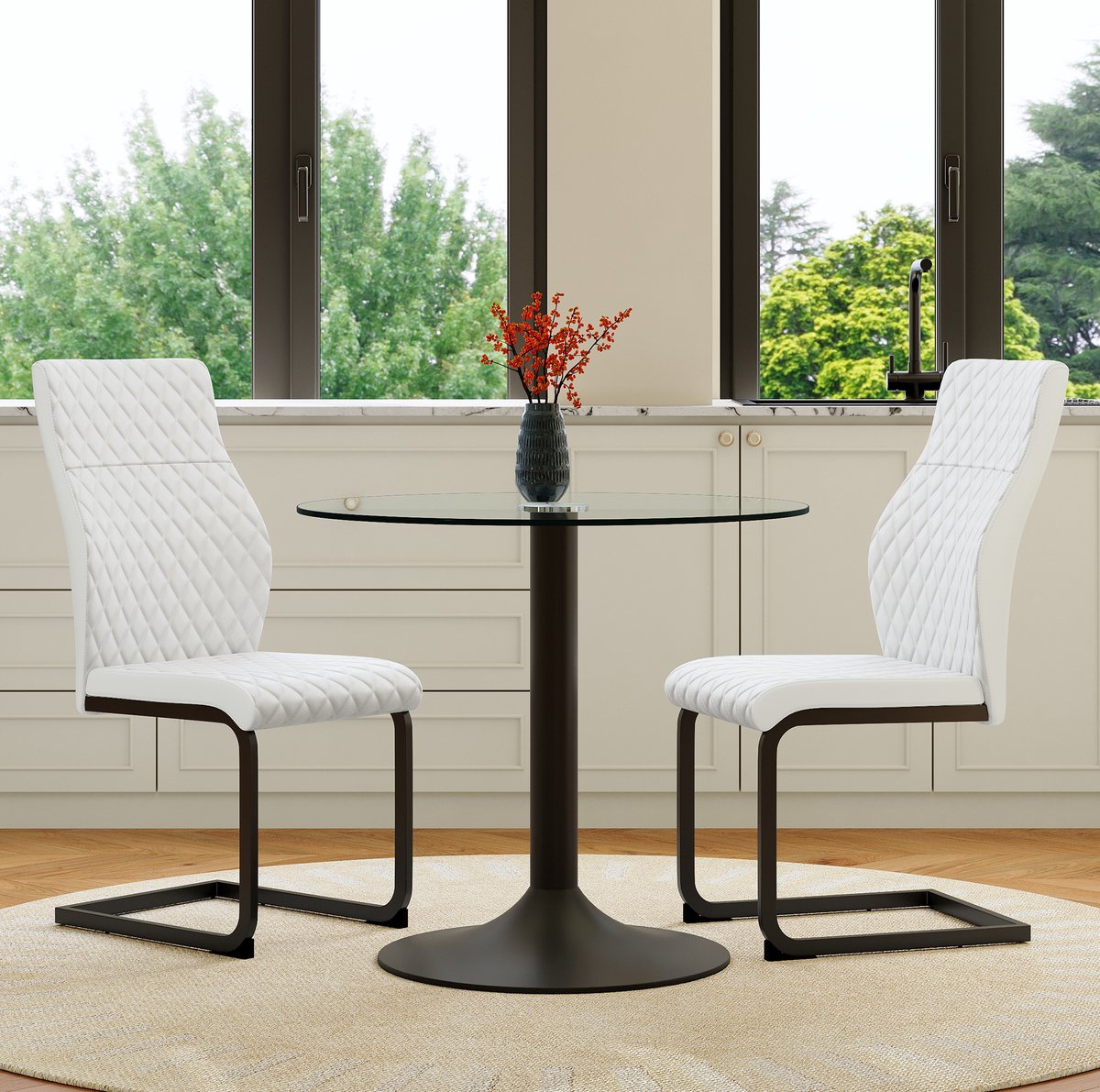 Wishdor Set tafel en stoelen - Rond glazen eettafel 85 cm - 2 witte stoelen met hoge rugleuning en ruitstiksel - Modern industrieel - Metaal en pu - Zwart, transparant, wit