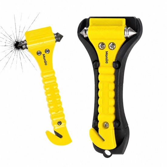 Gele noodhamer met zwarte grip, snijdt gordels en breekt autoruiten. Met gebroken glas.