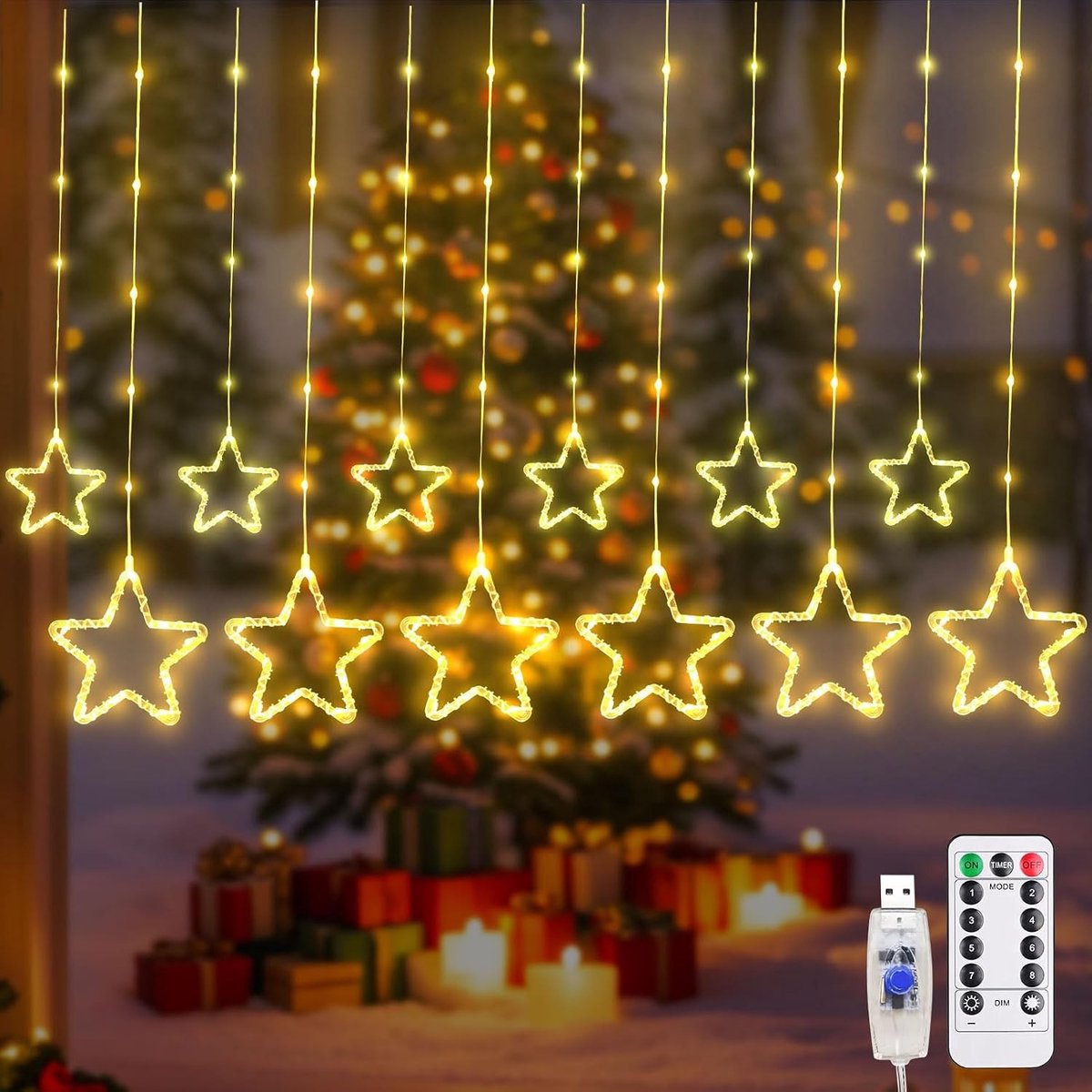 Led-kerstdecoratie - A - 3,5 m - Lichtgordijn met Afstandsbediening en Timer - Voor Binnen en Buiten
