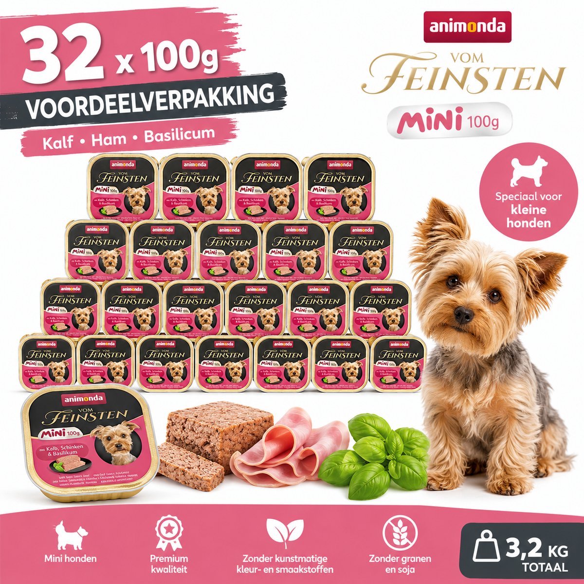Animonda Animonda Vom Feinsten Mini Adult Hondenvoer met Kalfsvlees, Ham & Basilicum - 32 x 100g - Voordeelverpakking