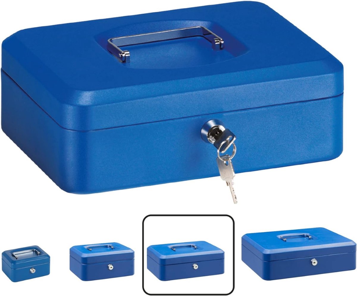 Allvia® Geldkistje met Sleutel - Geldkluis - Geldkistje - 25 cm Breed - met Inzetstuk voor Munten - Blauw - 18 cm x 25 cm x 9 cm