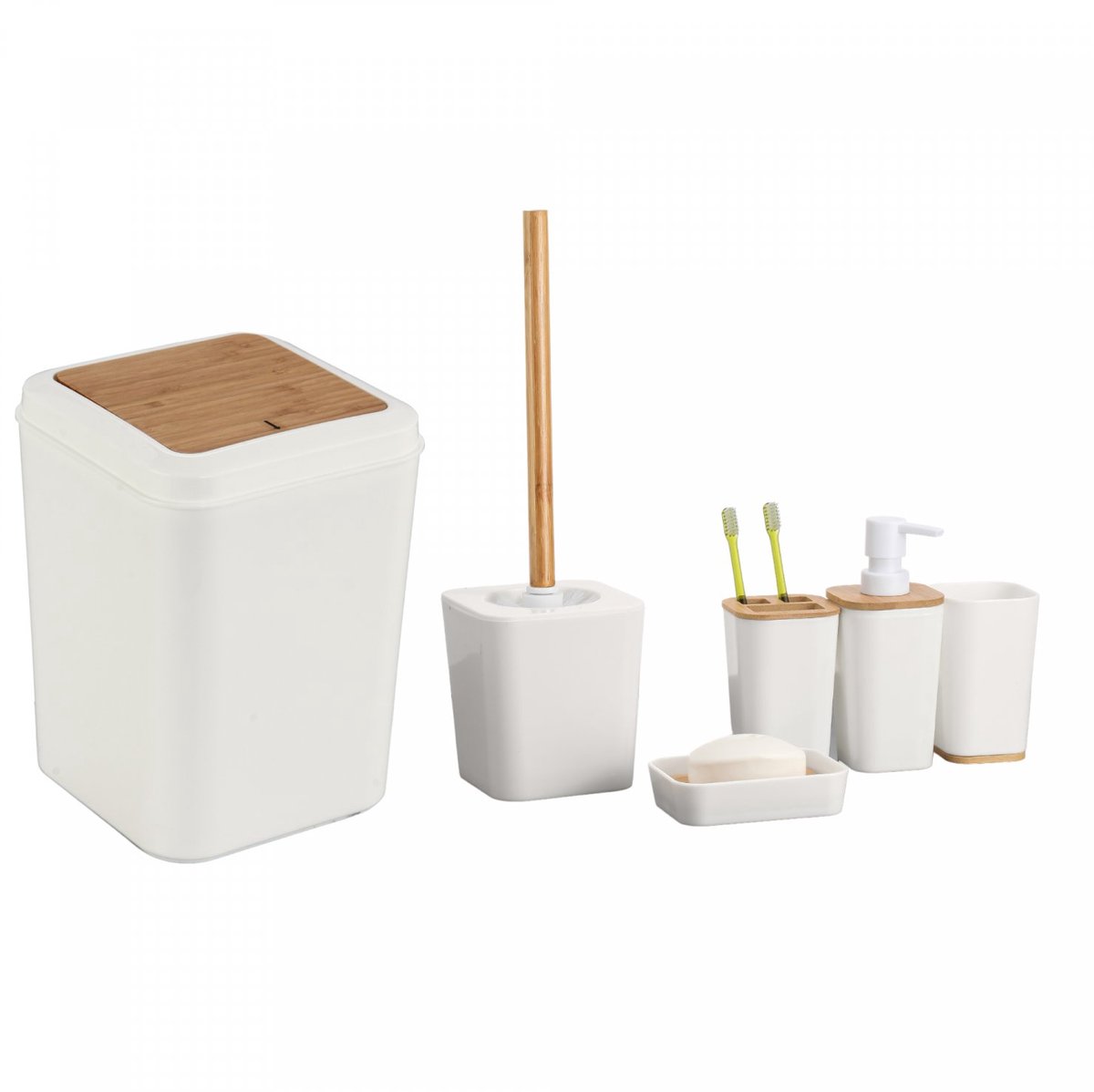 Badkameraccessoireset 6-delig – Badkamerset met Bamboe Accenten – Zeepdispenser, Tandenborstelhouder, Beker, Zeepbakje, Toiletborstel en Prullenbak – Mat Crème