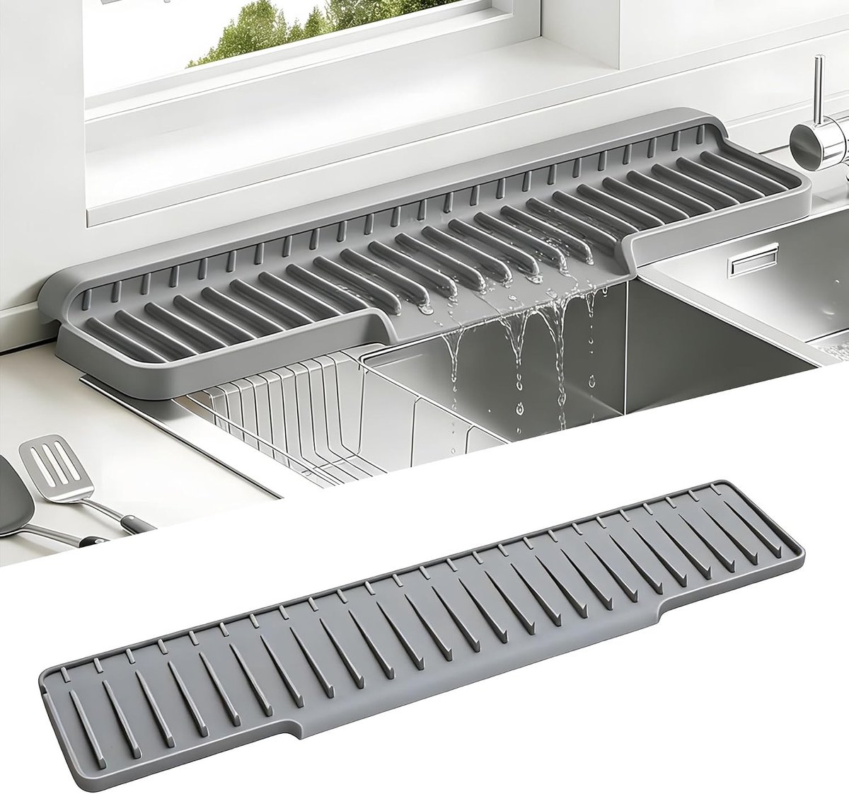 Vouwbare Siliconen Afvoer Mat voor Keuken en Badkamer - Bescherming tegen Spatten, Werkblad Drainer en Smalle Langwerpige Afvoerbeschermer (Grijs, 50 x 10 cm)