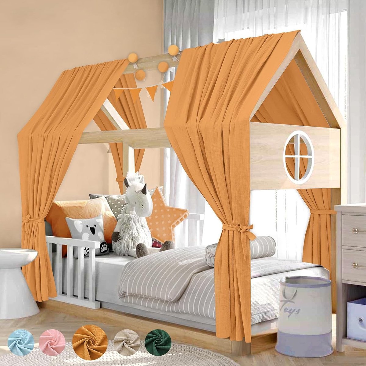 Huisbed met Luchtdecoratie Set, 2 Bedovertrekken van 100% Katoen Muslin, 1 Bunting 300 cm, Kinderbed met Hemel voor Jongens en Meisjes, Ideaal voor Kinderkamer, 67 x 270 cm