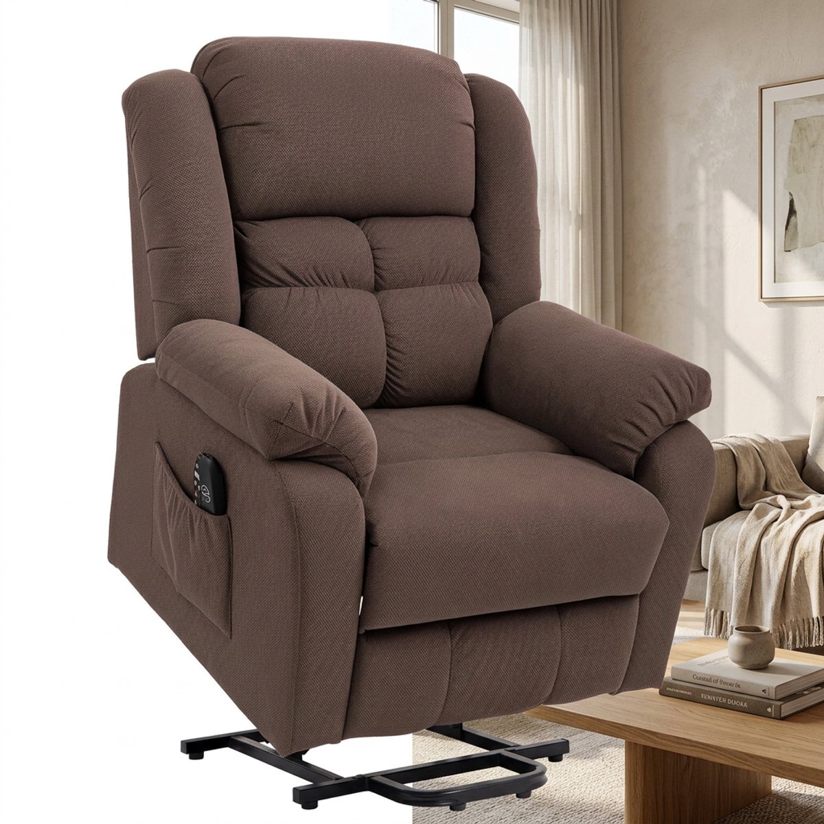 Massagestoel - Relaxfauteuil - Zetel - Sta op stoel elektrisch - Stof - 1 persoons - Met armleuning - Zeer comfortabel - Elektrisch - Donkerbruin