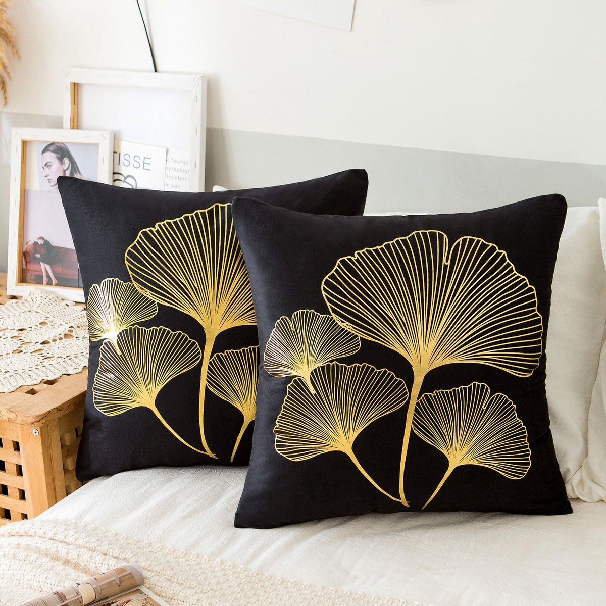 Kussenhoezen 40 x 40 cm - Luxe fluweel - Zwart met Ginkgo Biloba - Voor woonkamer en tuin - ShopVlot