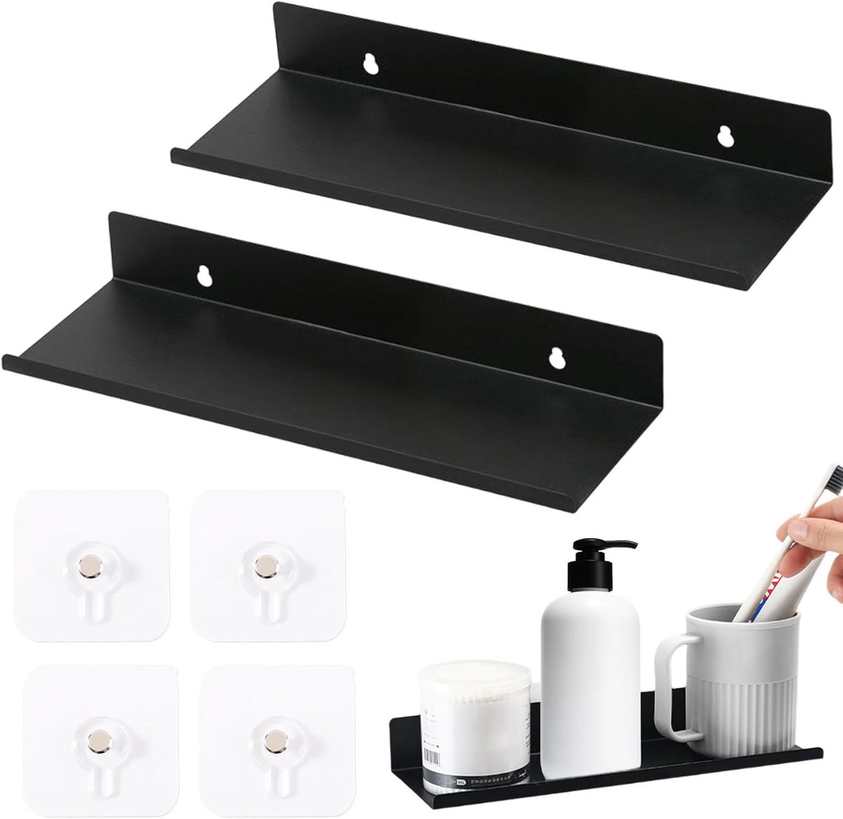 Set van 2 Kleine Wandplanken met Zelfklevende Fotolijsten - Zwarte Drijvende Plank voor Keuken, Woonkamer en Kantoor (20 x 8.5 x 5 cm) - Decoratie, Opbergruimte, Muurdecoratie