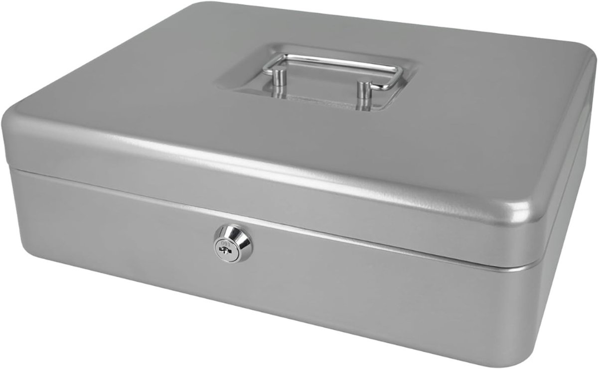 Allvia® Geldkistje met Sleutel - Geldkluis - Geldkistje - Gemaakt van Plaatstaal - met 2 Sleutels - Zilver - 24cm x 30cm x 9cm