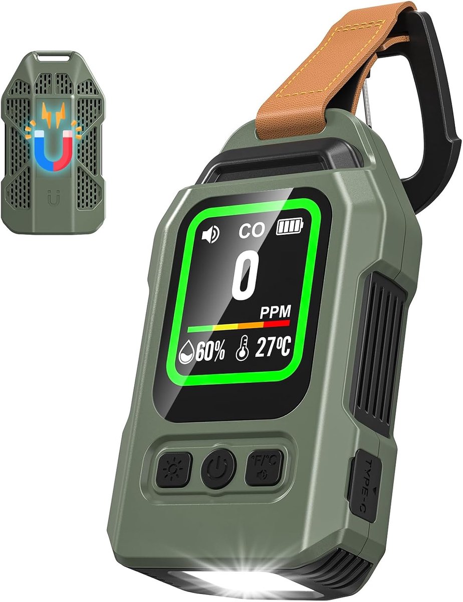 Draagbare Koolmonoxidemelder – 300 Uur Batterijduur – Thermometer en Hygrometer met Alarmfunctie en Noodzaklamp – ideaal voor Kamperen, Reizen, Auto en Keuken.