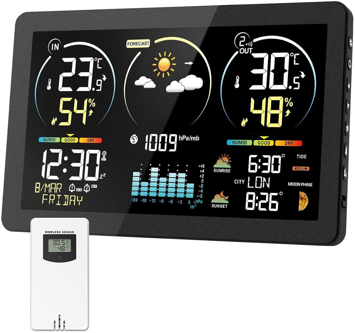 Draadloos Weerstation met Buitensensor - Zwart - Thermometer en Hygrometer - Voor Thuis en Kantoor