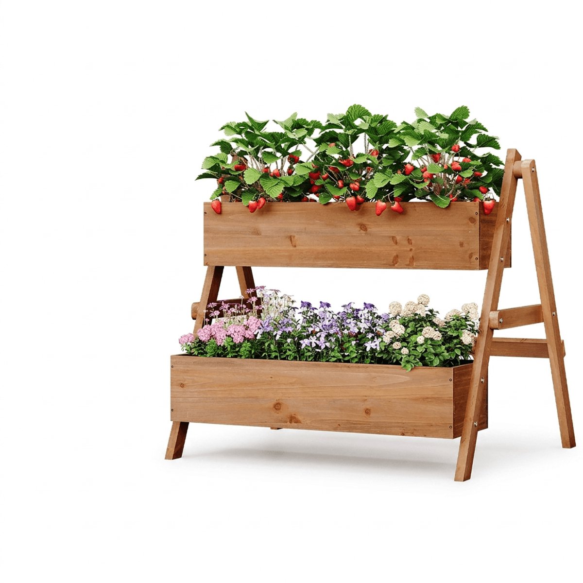 Klarven® Bloemtrap houten kruidentuin - Ergonomische werkhoogte, 2 plantenbakken - 80x62x68 cm